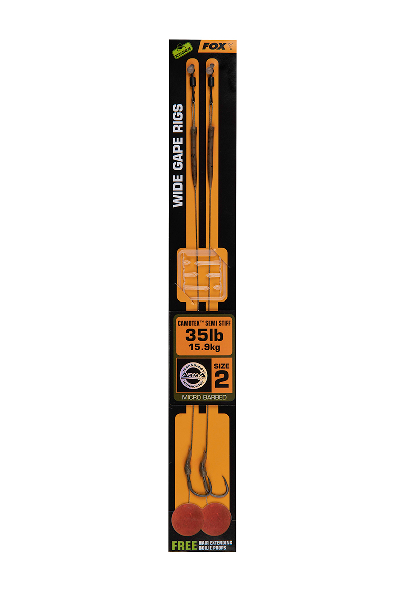 fox előkötött előke wide gape 2 35lb camotex semi stiff 2db/cs